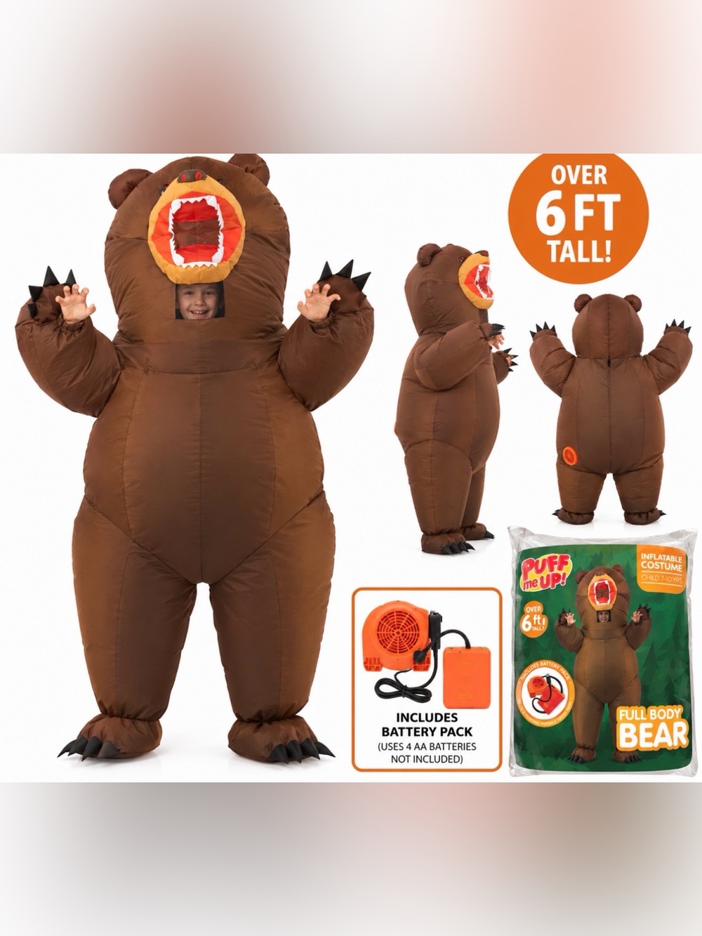 Kids Inflatable Bear Halloween Costume Child 7-10 Years Full Body 6 Ft Tall